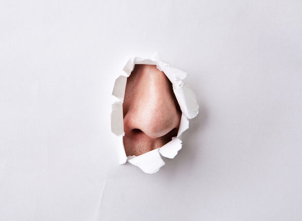 nose peeping out of torn paper hole