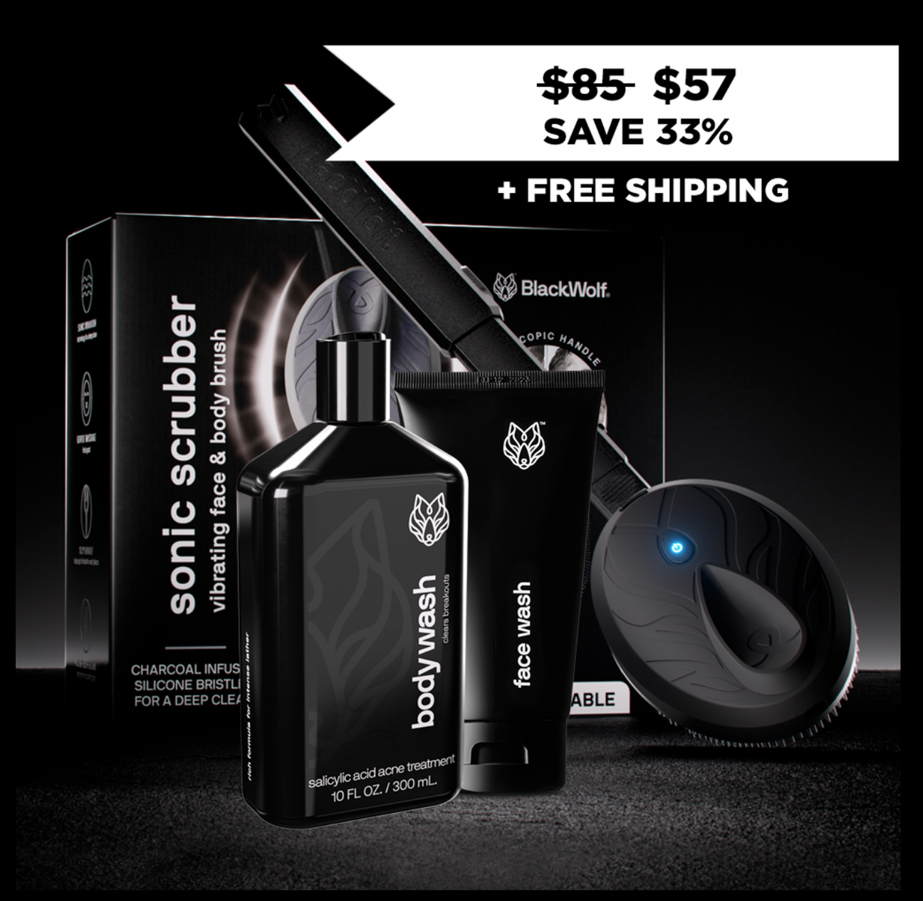 Sonic Scrubber + Body Wash + Face Wash Black Wolf